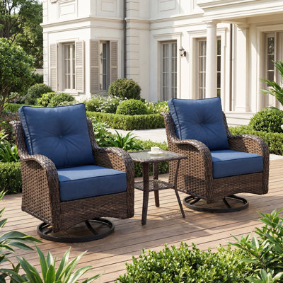 3-Piece Outdoor Wicker Patio Conversation Set with 6" Cushions, High Back Swivel Chairs & Side Table, All-Weather Olefin Fabric, Navy Blue