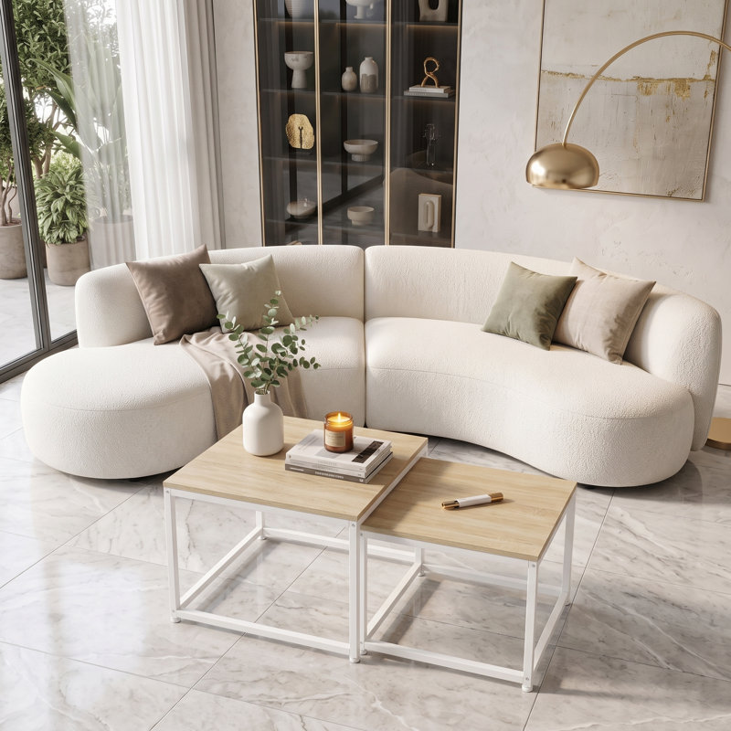 2 Piece Square Nesting Coffee Table Set with Wood Effect Top and White Metal Frame