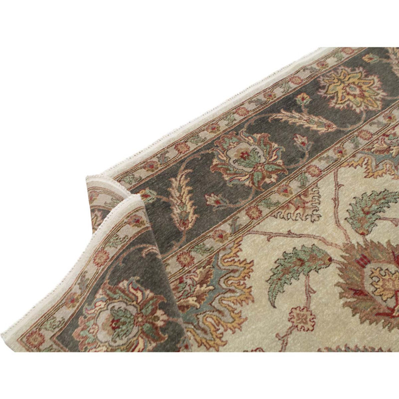 Tapis ivoire / beige / bleu en laine noué à la main de conception unique 8 pi 11 po x 11 pi 8 po