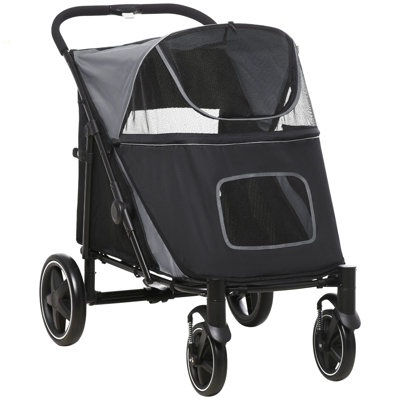 Pawhut One-Click Foldable Doggy Stroller For Medium Large Dogs, Pet Stroller With Storage, Smooth Ride With Shock Absorption, Mesh Window, Safety Leash, Big Dog Walking Stroller,