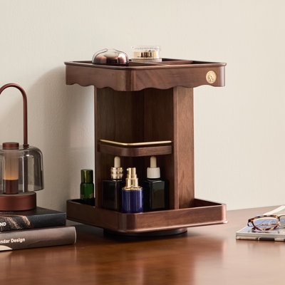 Organisateur de maquillage rotatif à 360 ° avec structure en métal, tour de rangement de meuble-lavabo à finition noyer pour cosmétiques, soins de la peau et produits de beauté
