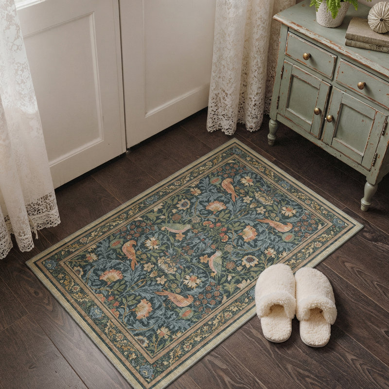 Aviara Modern Birds Machine Washable Green / Blue / yellow / Orange Indoor Area Rug with Non-Slip Backing, Rectangle 6' x 9'