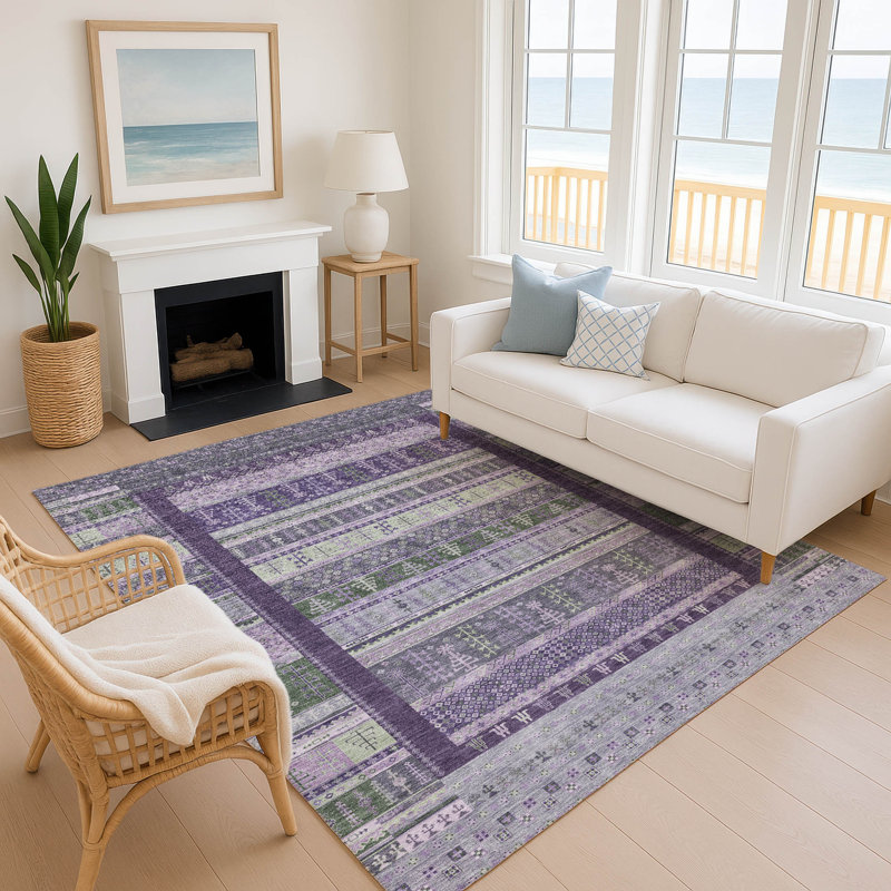 Premium Machine Washable Mayfield AMF2160 Striped Rug, Rectangle 8' x 10', Purple