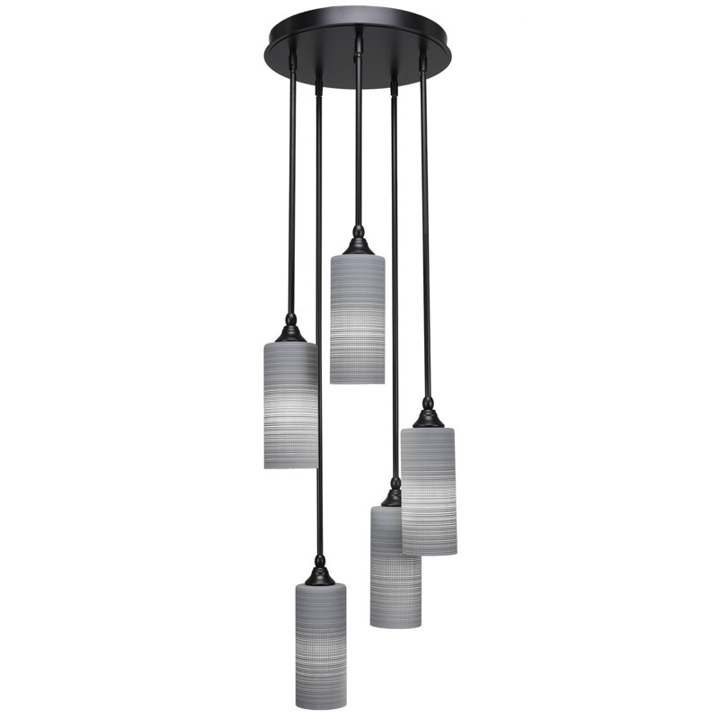 Luminaire suspendu suspendu grappe 5 lumières Shamar présenté dans une finition noir mat avec verre matriciel, Matrice grise