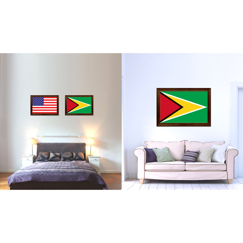 Drapeau du guyana sur toile, H 15 po x l 21 po x P 1 po, Encadrement brun