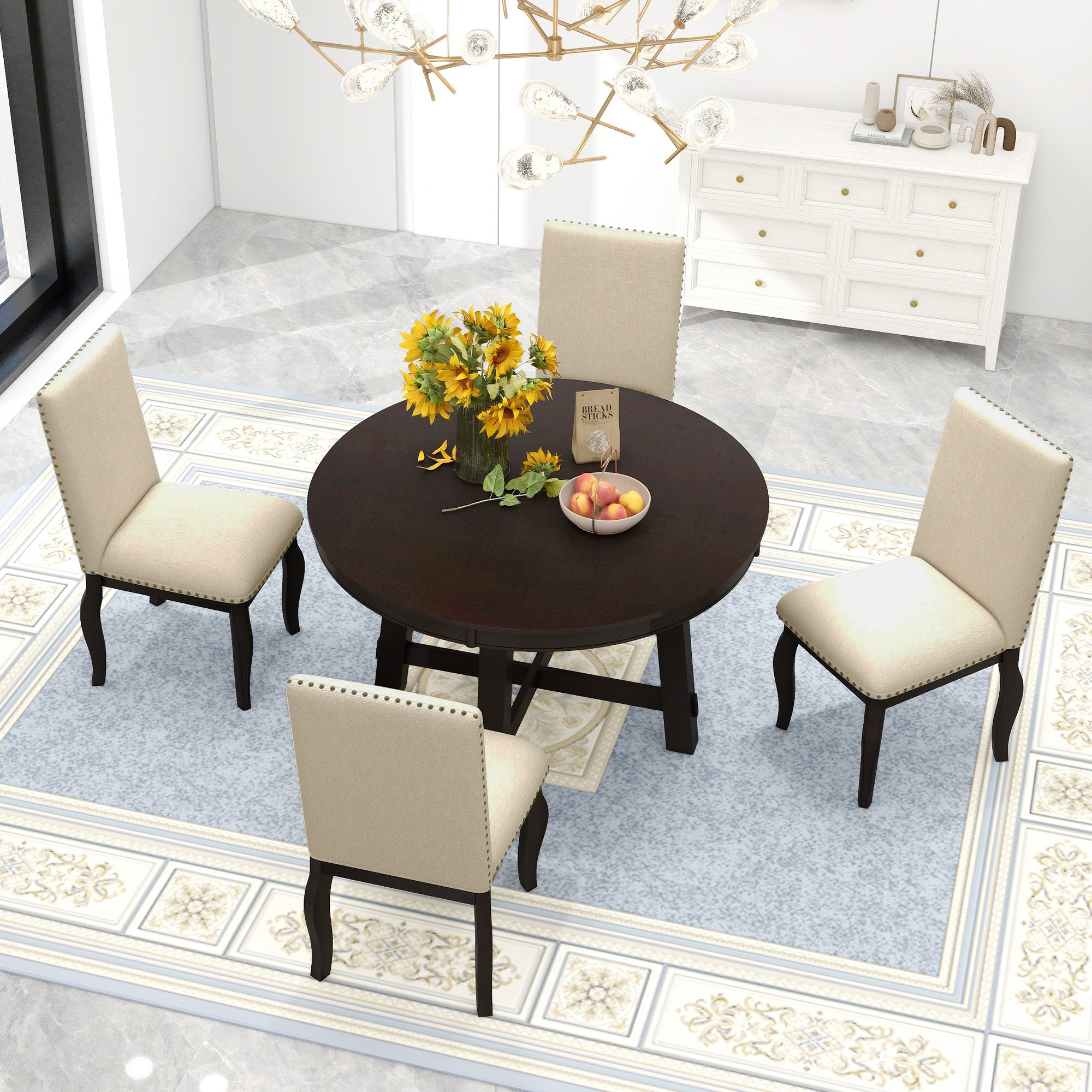 Lark Manor 5-Piece Farmhouse Dining Table Set Wood Round Extendable ...
