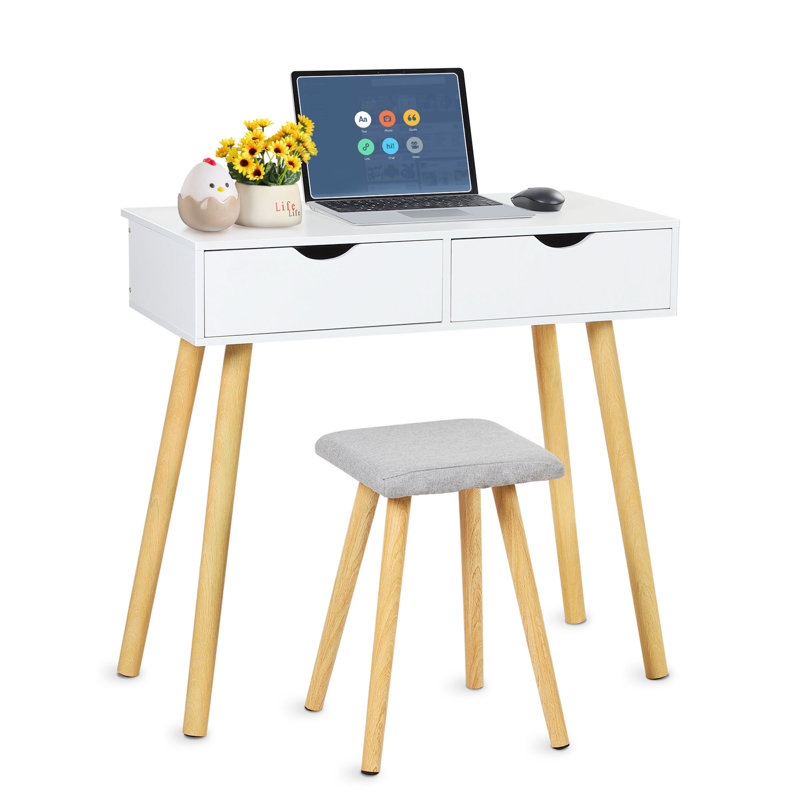 Ensemble coiffeuse en bois massif avec tabouret, Blanc élégant
