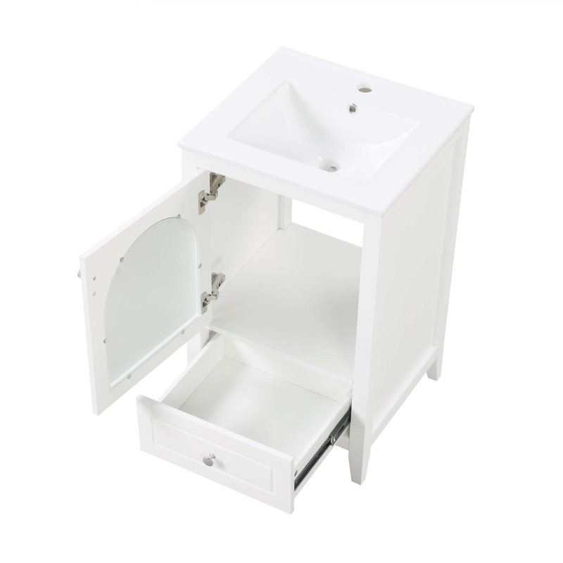 White 20" Freestanding Bathroom Vanity with Ceramic Sink and Glass Door