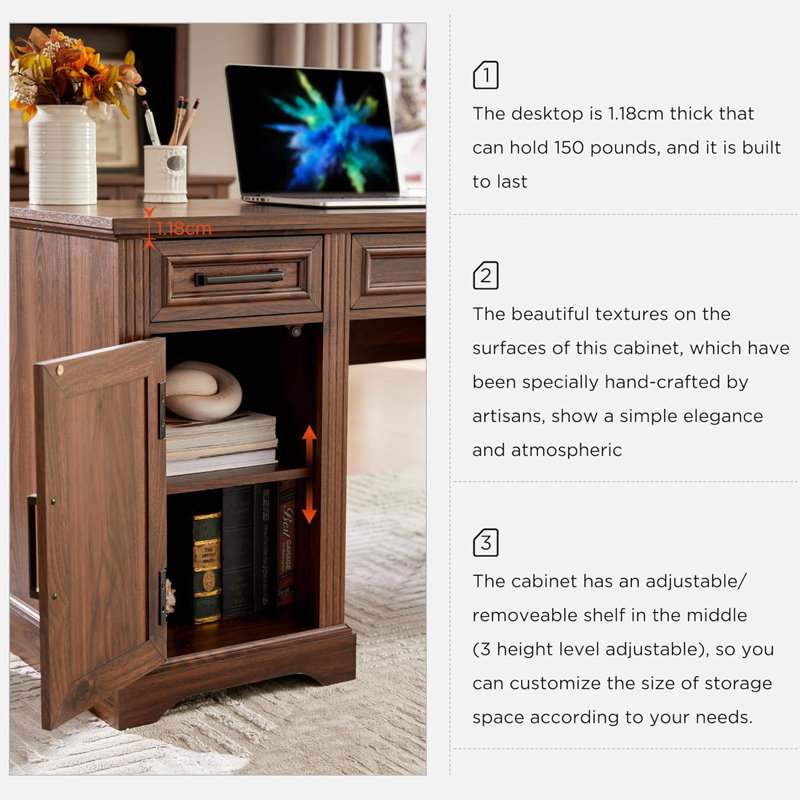 Ohana 58'' W Rectangle Computer Desk with Storage Cabinet and Drawers, Workstation for Office Home, Brown