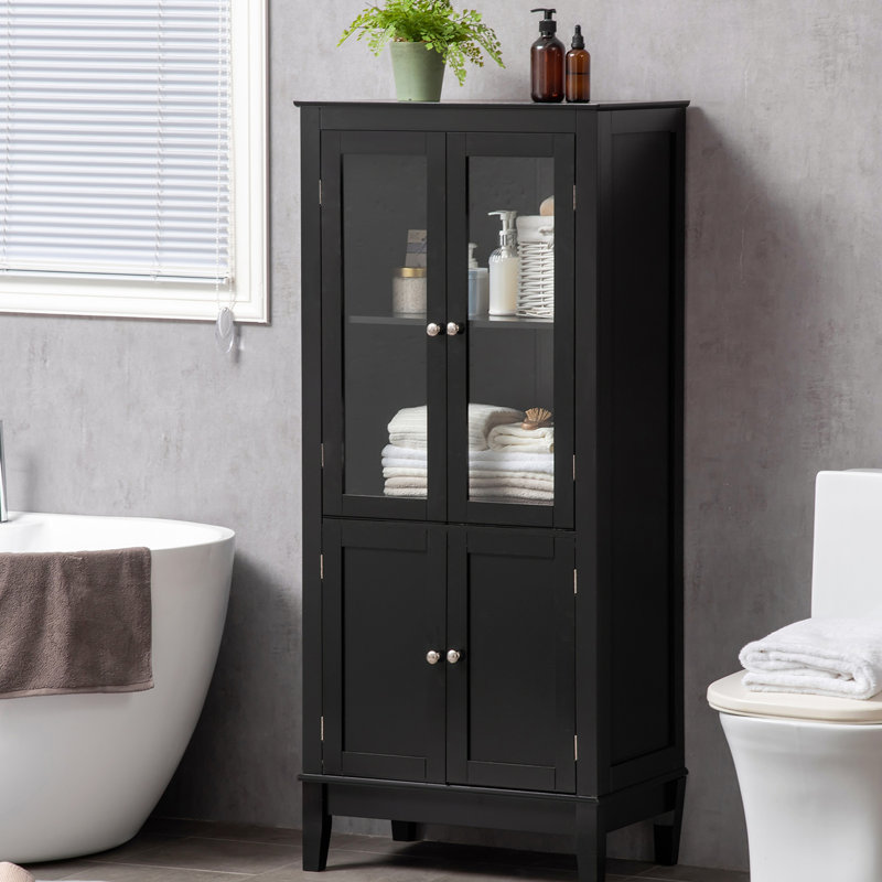 Armoire de salle de bain, 2 espaces de rangement et porte en verre trempé, tablettes réglables, garde-manger noir pour salon 2