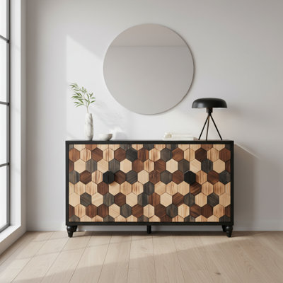 Armoire de rangement moderne patinée avec portes à motif en nid d'abeille, buffet décoratif pour vestibule, salle à manger ou salon