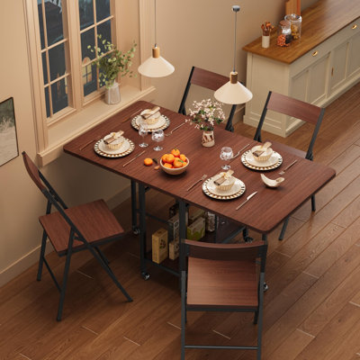 Dining Table Set for 4, Folding Dining Table with 4 Folding Chairs, Drop Leaf Table and Chairs with Swivel Wheels, Hideaway, for Small Space, Kitchen, Dining Room, Walnut