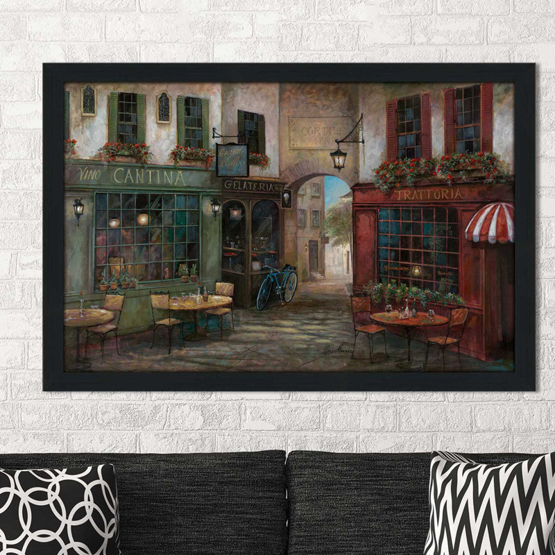 « courtyard ambiance », reproduction de peinture à l’huile encadrée, H 27,5 po x l 39,5 po x P 0,75 po