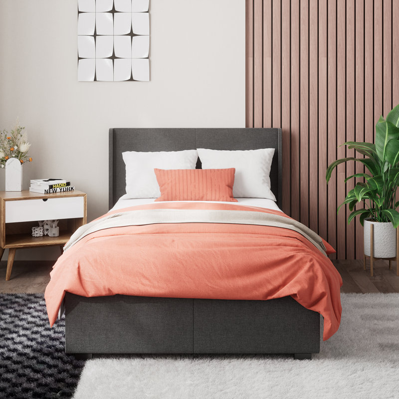 Estella Upholstered Bed Frame with Headboard, Ottoman Under-bed Storage, Single (3'), Dark Grey