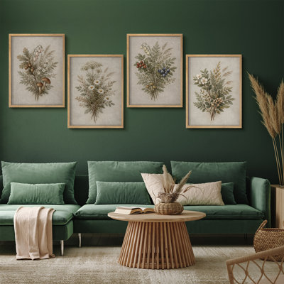 Vintage Botanical Wildflower Collection Framed Wall Art Prints Set of 4 - Rustic Herb and Berry Arrangement for Living Room Kitchen