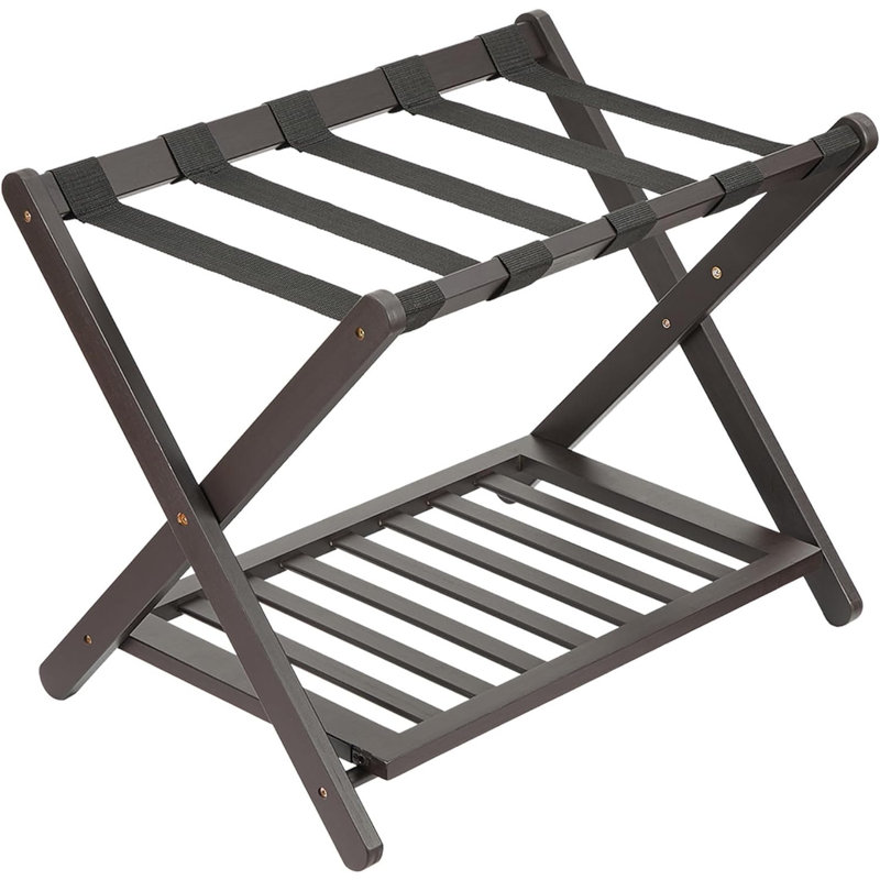 Porte-bagages pliable en bambou avec 5 sangles en nylon, support de valise à 2 niveaux pouvant supporter 150 lb, peu encombrant pour chambre d'amis, chambre à coucher, hôtel