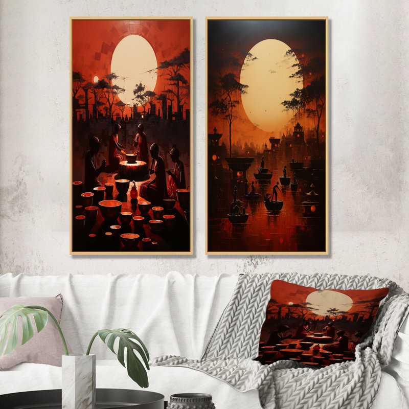 L'hindouisme Karvas au clair de lune - ensemble d'art mural sur toile de l'hindouisme 2, Encadrement brun, H 32 po x l 33 po