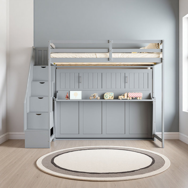 Lit escamotable double sur double avec lève-personne hydraulique et conception de bureau, Gris