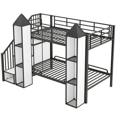 Lit superposé simple en métal avec garde-robe et escalier de rangement, noir et blanc