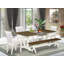 L'ensemble de table à manger de 6 pièces comprend une table rectangulaire en ciment, un banc en bois et 4 chaises rembourrées en tissu de lin crème avec un haut dossier en lin brossé blanc.-942408971-942408974