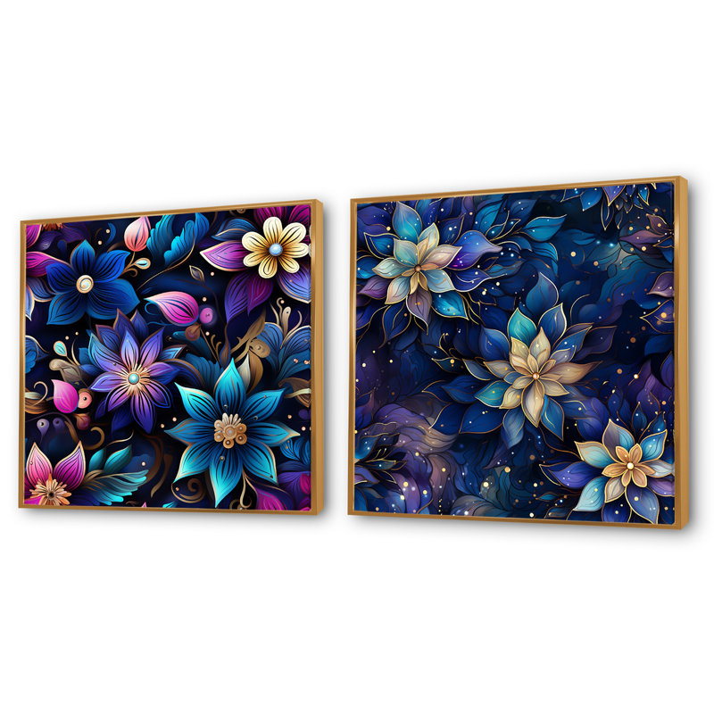 Celian - Ensemble de 2 collages floraux et botaniques carrés, H 16 po x l 33 po, Cadre flottant doré