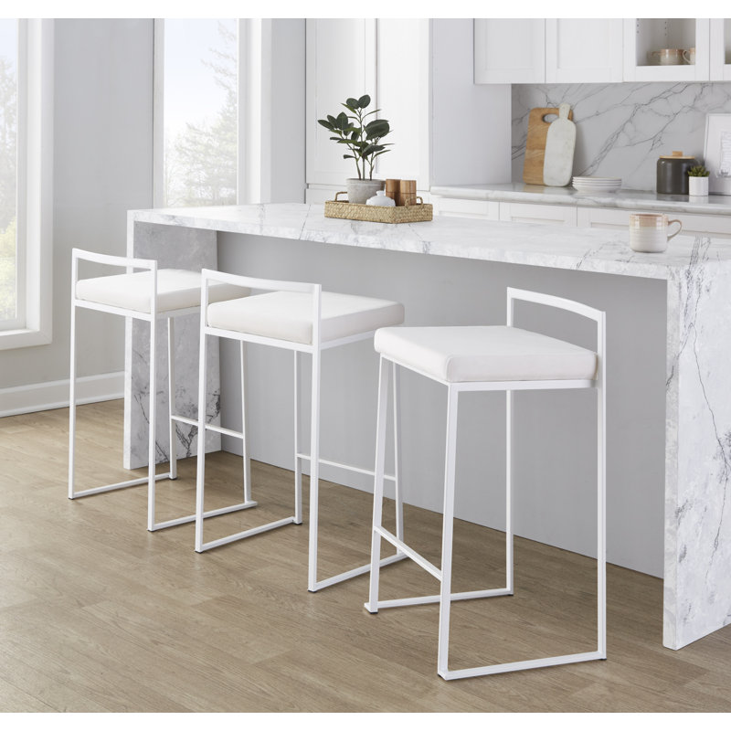 Ernestine Upholstered Stackable Bar & Counter Stool (Set of 3), Counter Stool (27" Seat Height), White Velvet/White