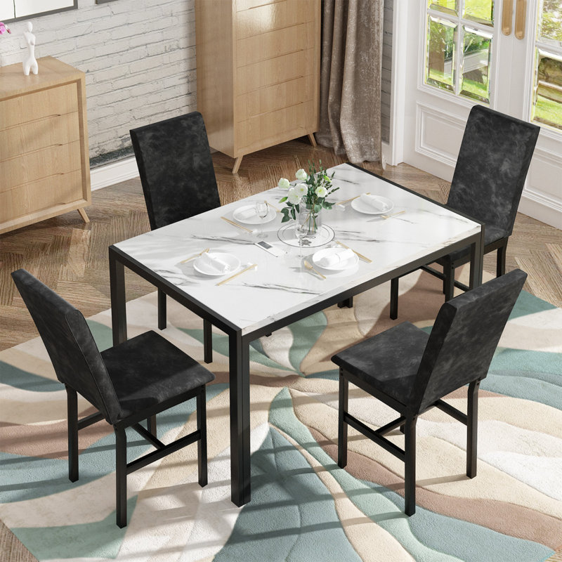 5-Piece Faux Marble Dining Table Set with Velvet Chairs, White