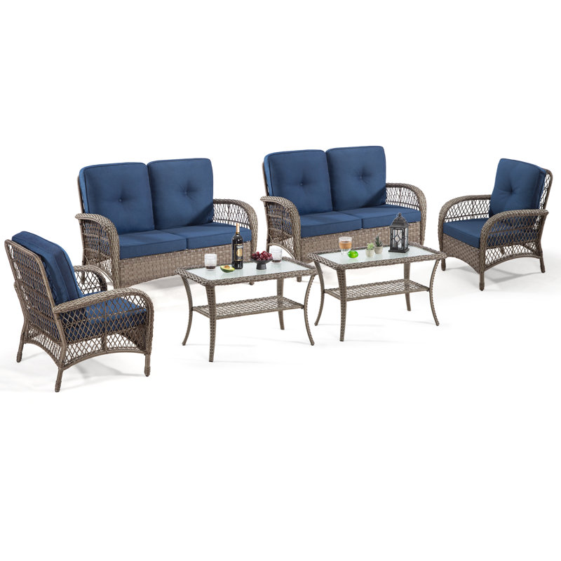 Ensemble de conversation d'extérieur pour 6 personnes avec coussins Ghevont, Bleu