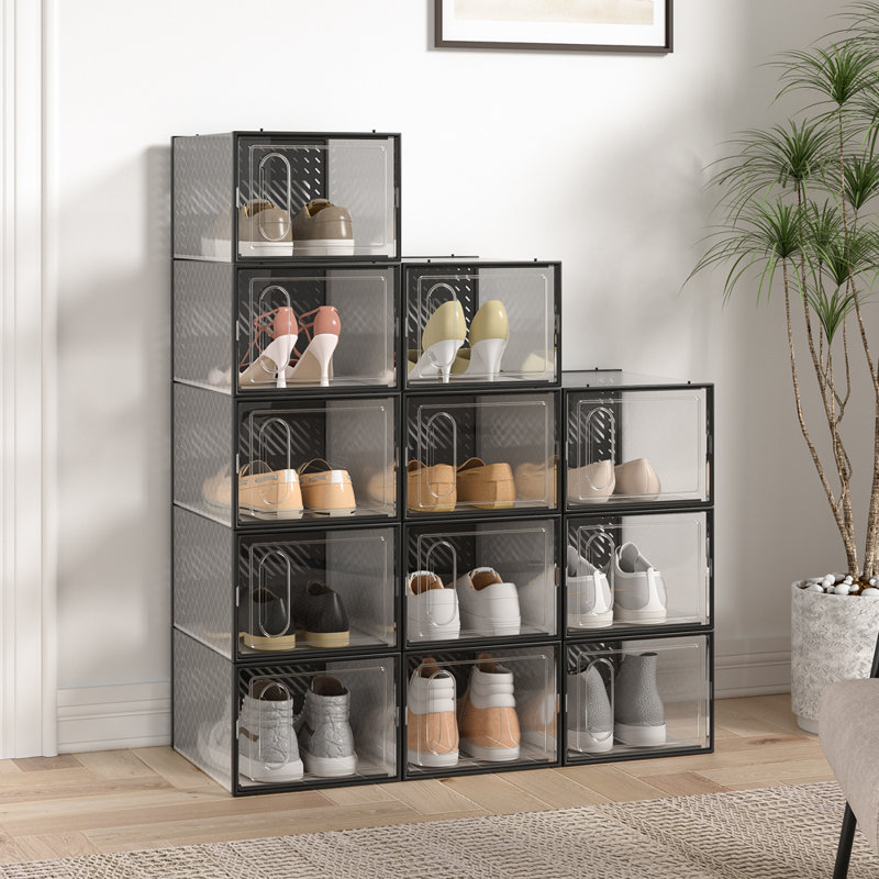 12 Pair Stackable Shoe Storage Box, Black
