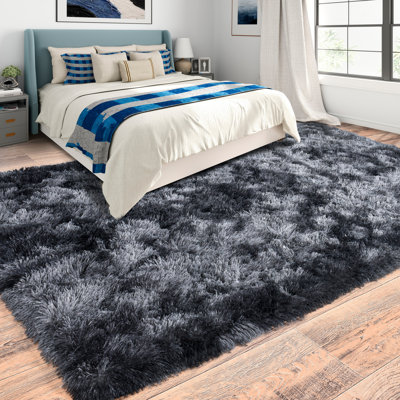 6x9 ft Tie-dyed Black Grey Shag Rugs for Living Room, Soft Non-Slip Fluffy Shagg Plush Bedroom Carpet, Large Area Rug for Nursery Kids Dorm Home Decor