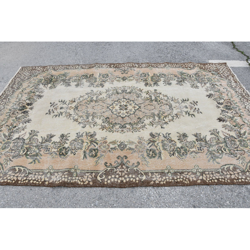 Tapis turc vintage en laine Oushak: grand tapis de salon bohémien classique en brun / brun / vert