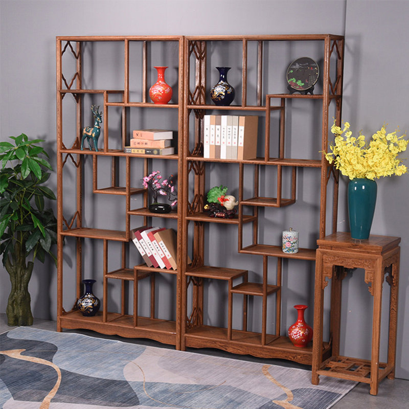 78.74"Chinese-style brown solid wood display cabinet for tea sets and other items, (5 Shelves) 78.74"H x 94.49"W x 11.81"D.
