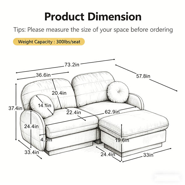 Ebern Designs L-Shaped Loveseat Chenille Cloud Sofa With Quilted Back ...