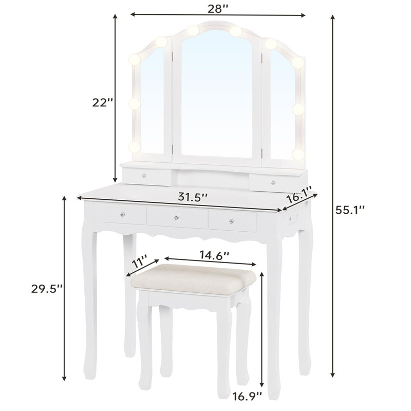 Ensemble coiffeuse avec tabouret et miroir Ermis