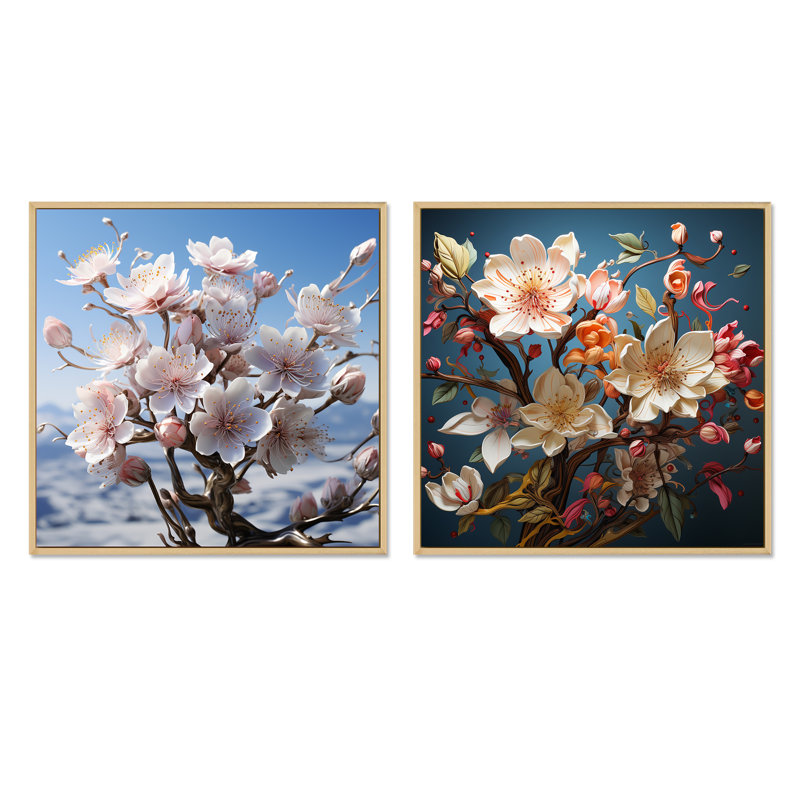 Gentle Magnolia Song - Ensemble de 2 collages carrés Magnolias, Cadre flottant brun, H 30 po x l 61 po