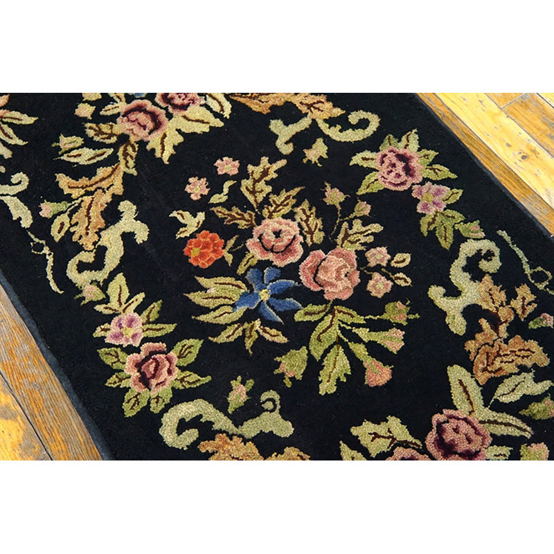 Small Antique Black Color European Floral Inlay Pattern American Hooked Rug