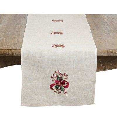 Chemin de table Candy Cane & Bow Holiday Linen - chemin de table de Noël brodé pour les tables de salle à manger festives, les réceptions saisonnières, les décorations de cuisine des Fêtes et les tables d'hiver