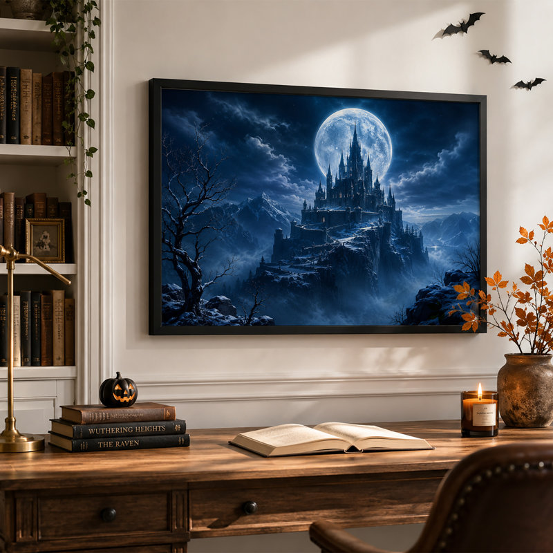 " Gothic Castle On Snowy Cliff Under Giant Full Halloween " Painting Print, H 12 po x l 18 po