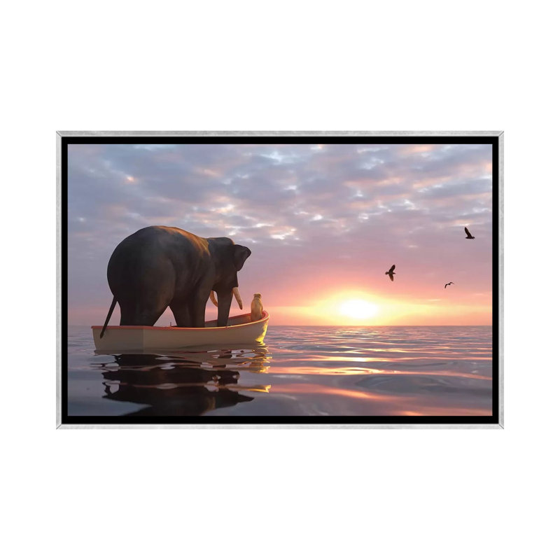 «Elephant and Dog Sail in a Boat at Sea» par Mike Kyiv - reproduction d'art, Pas de tapis, H 26 po x l 40 po x 1,5 po