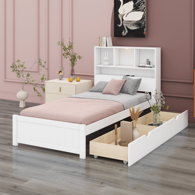 Platform Bed With Bookcase Headboard, White