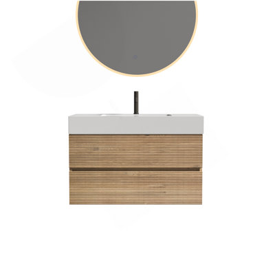 Meuble-lavabo en chêne brut avec lavabo à quartz blanc et tiroirs souples, meuble-lavabo mural flottant pour salle de bain moderne, lavabo blanc brillant une pièce