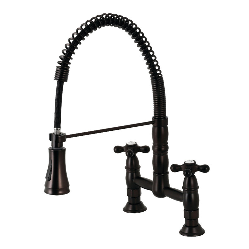 Kingston Brass Heritage Double-Handle 2-Hole Deck-Mount Pre-Rinse Bridge Kitchen Faucet, Oil Rubbed Bronze