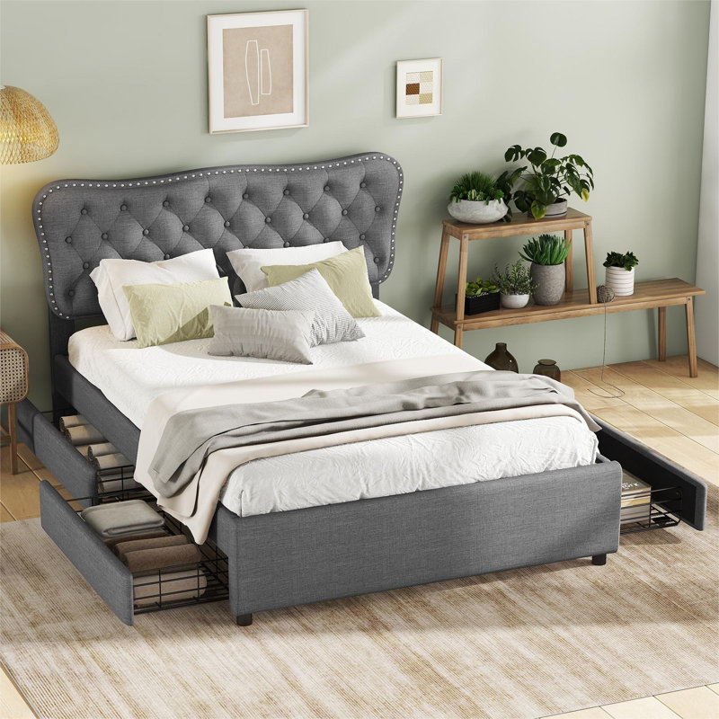 Upholstered Bed 140*200 Cm With 4 Drawers, Grey