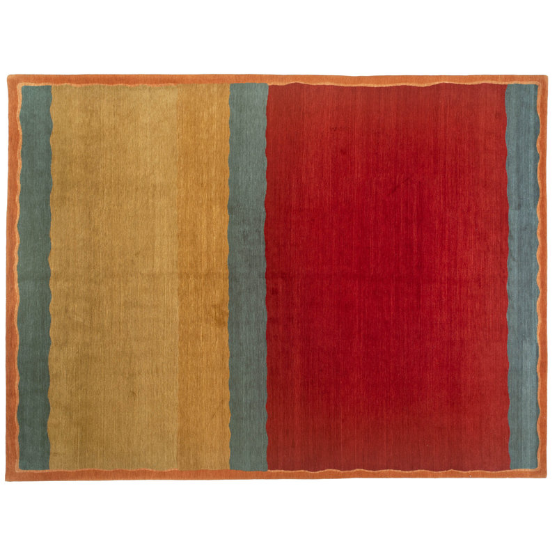 Tapis unique en laine noué à la main rouge / or / bleu gris de 9 pi x 12 pi