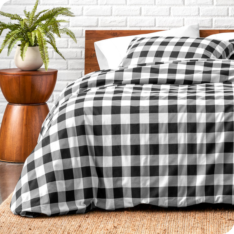 Flannel Duvet Cover and Sham Set, White/Black, Twin/Twin XL Duvet Cover + 1 Standard Sham