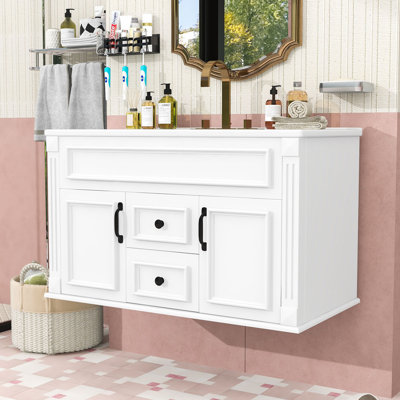 Meuble-lavabo flottant avec lavabo en céramique, armoire murale avec portes et tiroirs à fermeture en douceur