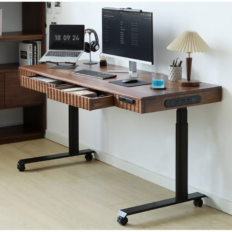 Bureau réglable moderne en bois de noyer avec roulettes motorisées