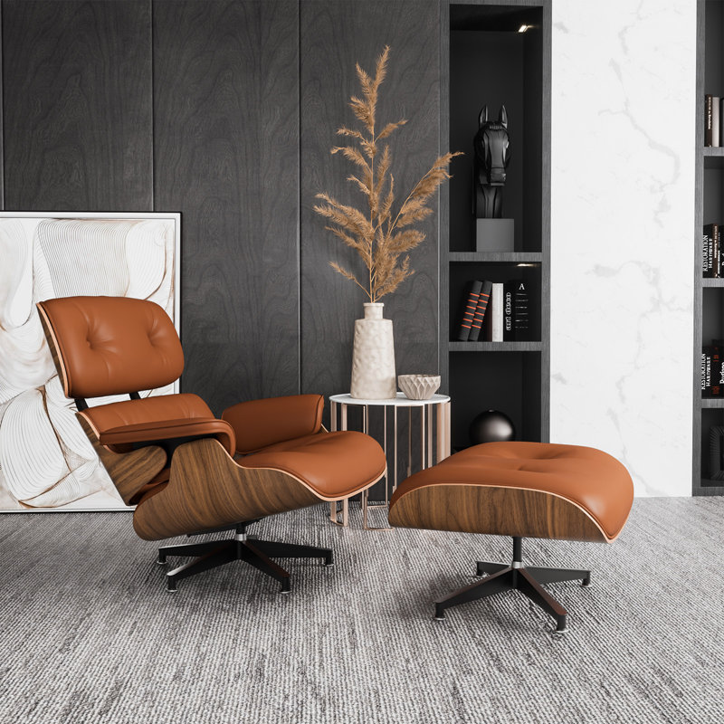 Premium Genuine Leather Top Grain Leather Lounge Chair And Ottoman Genuine Italian Leather, Walnut, Brown