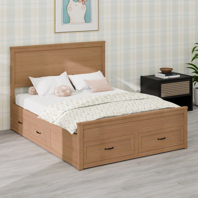 Base de lit avec rangement moderne en bois avec 6 tiroirs, lit plateforme avec support en lattes de bois