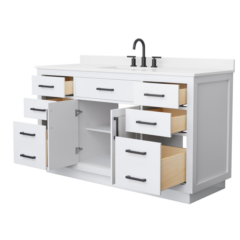 Beckett TK 60'' Single Bathroom Vanity with Quartz Top, 8" Center, Matte Black, White